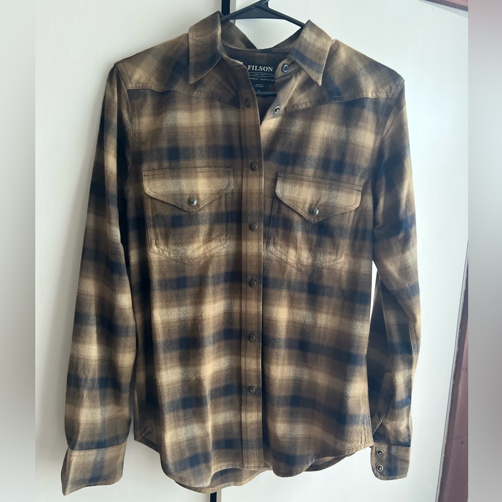 Filson Pioneer Wool Shirt Western Pearl Snap Plaid Brown Black Womens